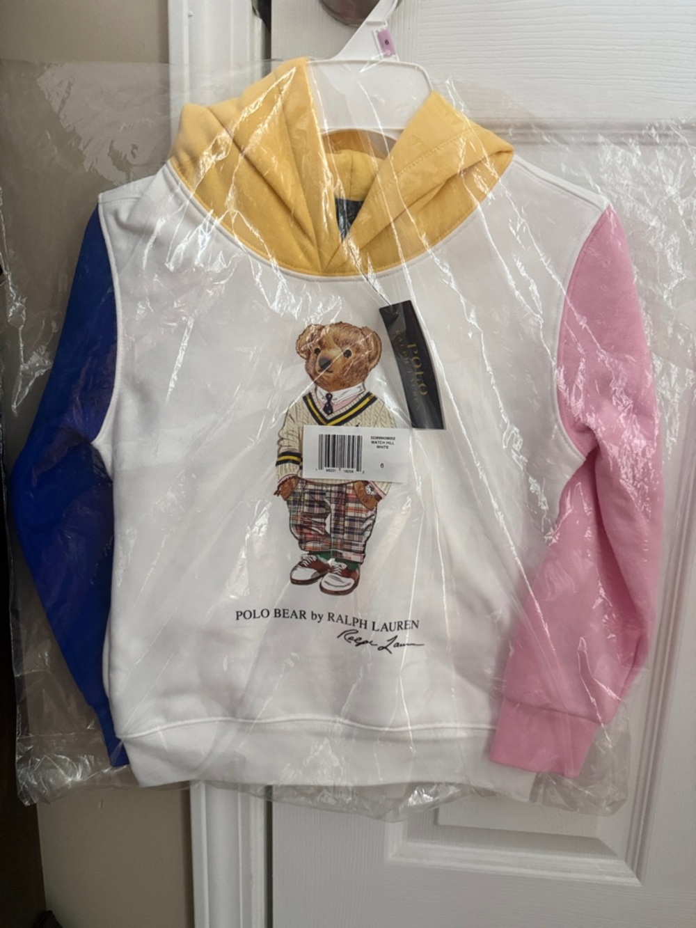 Polo by Ralph Lauren Colorblock Polo Bear Hoodie in White, Yellow, Blue & Pink
